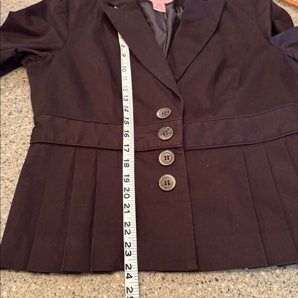 BANDOLINO Stretch 2000s Chocolate Brown PleatedPeplum Jacket Fitted Button Front - Picture 4 of 10